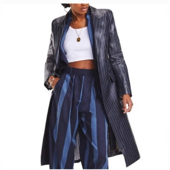RARE! NWT Tommy Hilfiger x Zendaya Pinstripe Coated Denim Long Trench Coat Sz 8 - Picture 3 of 16